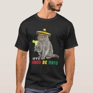 Happy Cinco De Mayo Cat Drinking Margarita Flaming T-Shirt