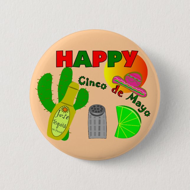 "Happy Cinco de Mayo" Lime, Tequila & Salt Design 6 Cm Round Badge (Front)