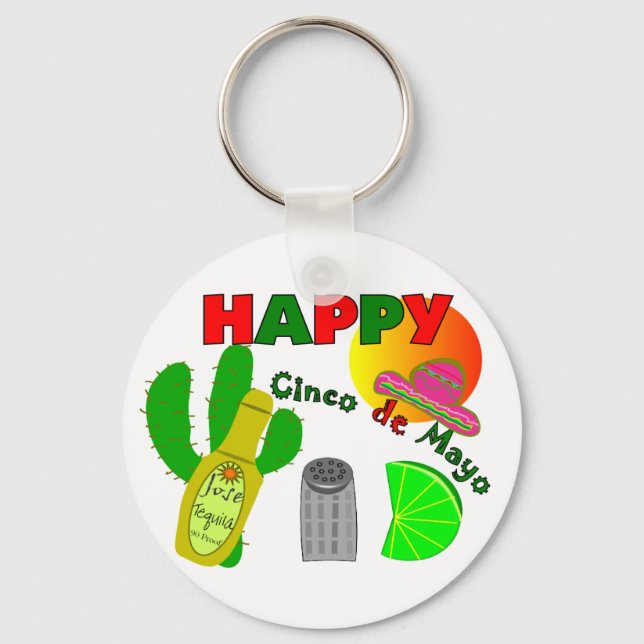 "Happy Cinco de Mayo" Lime, Tequila & Salt Design Key Ring (Front)