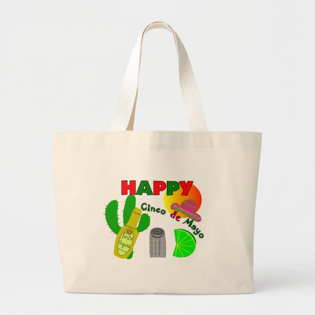"Happy Cinco de Mayo" Lime, Tequila & Salt Design Large Tote Bag (Front)