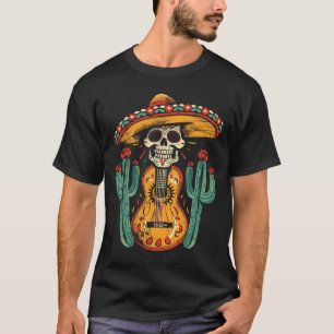Happy Cinco De Mayo Skeleton Skull Sombrero Guitar T-Shirt