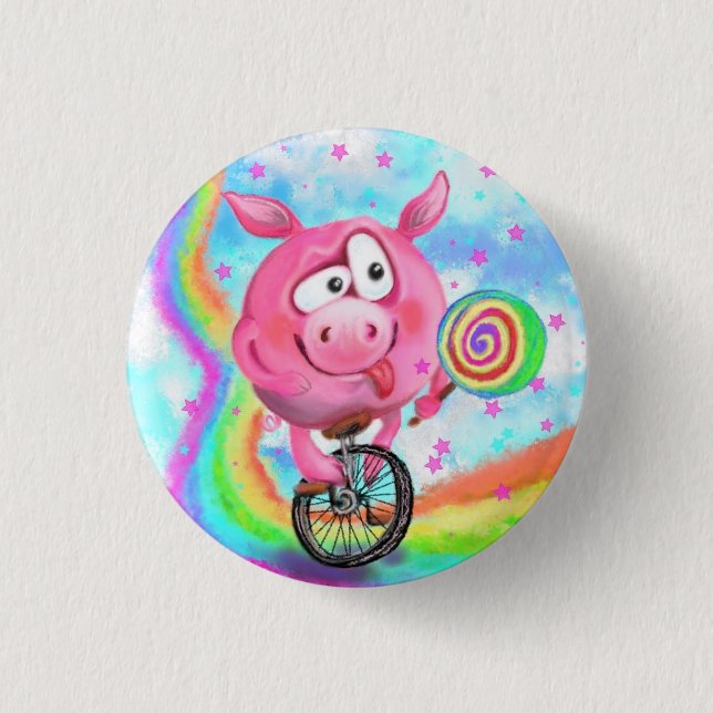 Happy Circus Acrobat Piggy Cyclist Button  (Front)