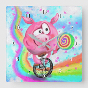 Happy Circus Acrobat Piggy Cyclist Licks Lollipop Square Wall Clock