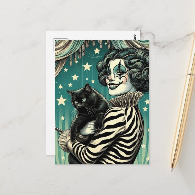 Happy Circus Clown Woman and a black cat Postcard (Front/Back In Situ)
