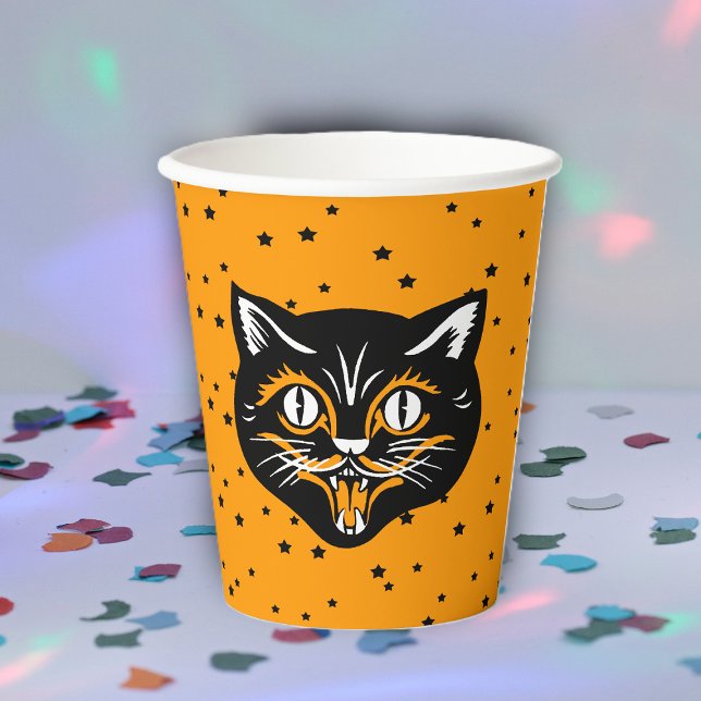 Happy Classic Halloween black Cat Face on Stars Paper Cups (Fun Happy black and orange Halloween cat face on black stars on bright orange party paper cups.)