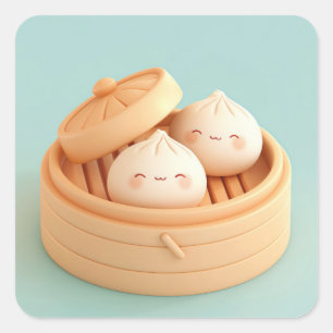 Happy Clay Steamed Dumplings in Bamboo Steamer Square Sticker