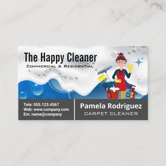 Happy Cleaner with Cleaning Equipment  Business Card (Front)