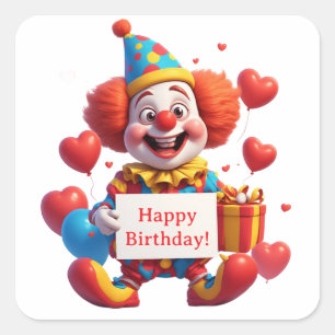 Happy Clown birthday Party With Heart Balloons 💕 Square Sticker