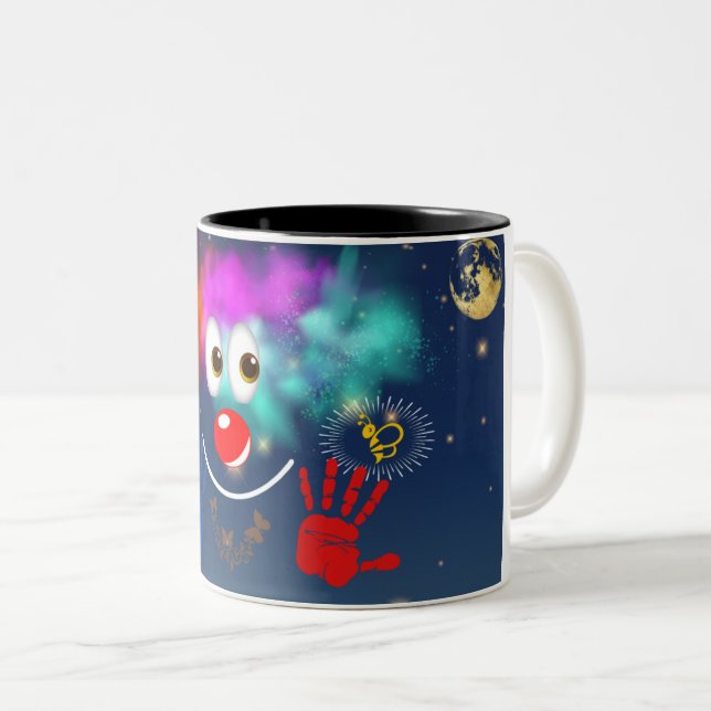 Happy clown, stars and the sky Two-Tone coffee mug (Front Right)