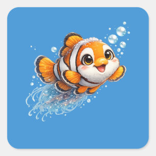 Happy Clownfish Tropical Sea Life Illustration Square Sticker