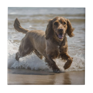 Happy Cocker Spaniel Beach Fun Day, Tile