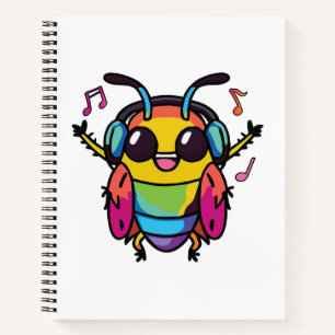 Happy cockroach with headphones listening to music notebook