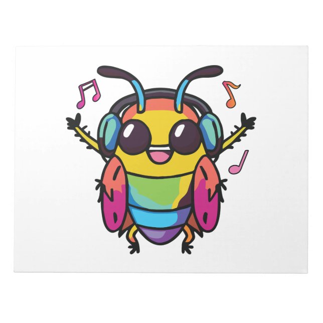 Happy cockroach with headphones listening to music notepad (Front)