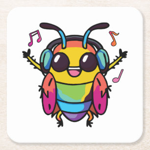 Happy cockroach with headphones listening to music square paper coaster