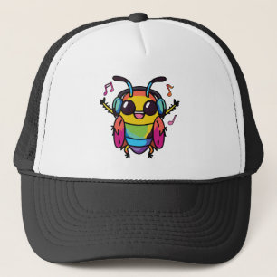 Happy cockroach with headphones listening to music trucker hat