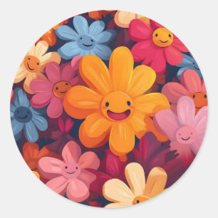 Happy Colorful Flowers Pattern Classic Round Sticker