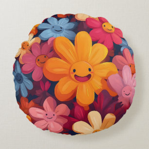 Happy Colorful Flowers Pattern Round Cushion