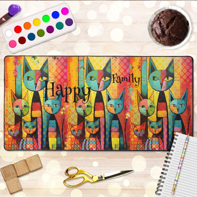 Happy Colourful Cat Family Desk Mat (A colorful design desk mat featuring an abstract cat family. Nice for a cat lover and for kids.)