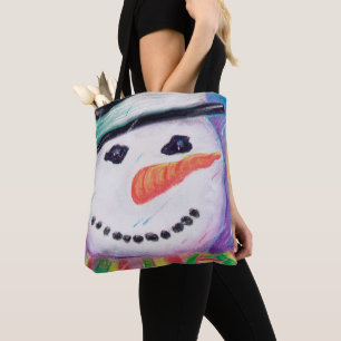 Happy Colourful Christmas Snowman Carrot Nose Tote Bag