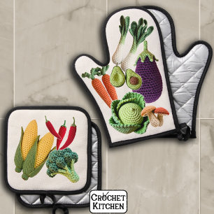 Happy Colourful Crochet Vegetable Mushroom Collage Oven Mitt & Pot Holder Set