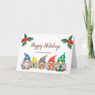 Happy colourful gnomes elegant script holiday card