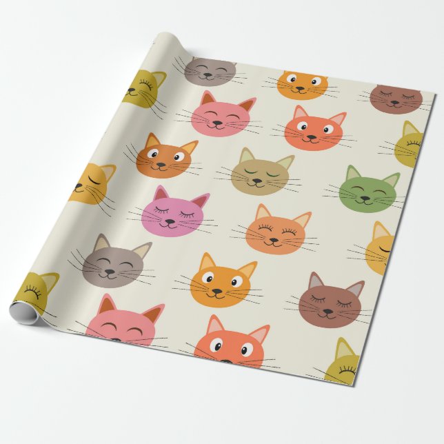 Happy  Colourful kawaii Cartoon Cats pattern    Wrapping Paper (Unrolled)