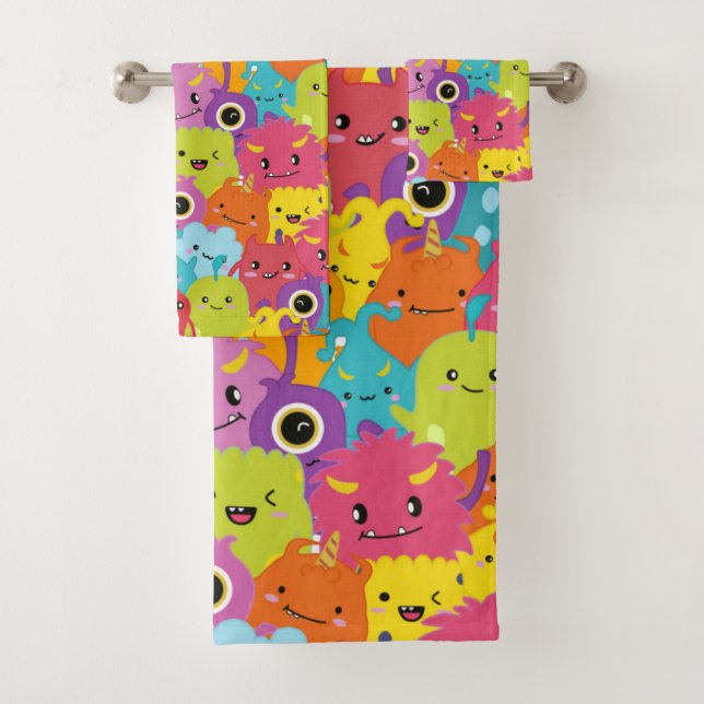 Happy Colourful Monsters Pattern Bath Towel Set (Insitu)