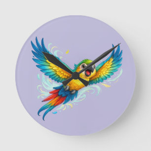 Happy Colourful Parrot in Flight Kawaii Bird Desig Round Clock