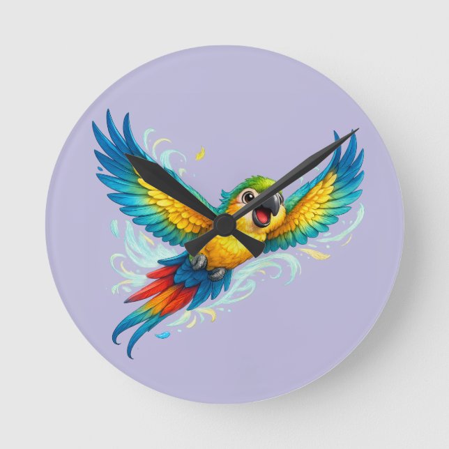Happy Colourful Parrot in Flight Kawaii Bird Desig Round Clock (Front)