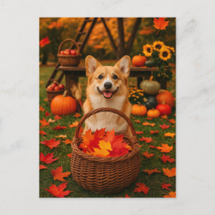 Happy Corgi Autumn Park Fall Leaves Postcard