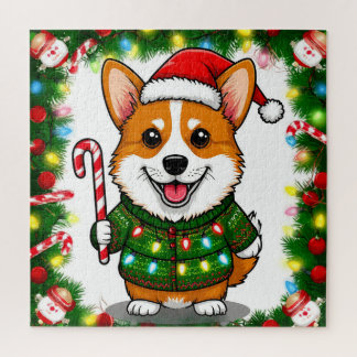 Happy Corgi In Christmas Sweater And Santa Hat Jigsaw Puzzle