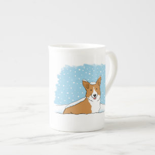 Happy Corgi in the Snow   Cute Dog Winter Holiday Bone China Mug