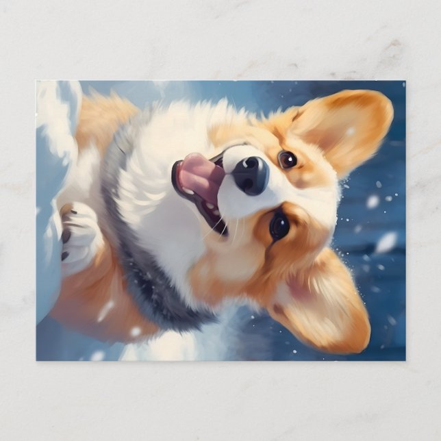 Happy Corgi playing in snow Holiday Postcard (Front)