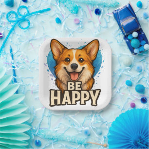 Happy Corgi with Colorful Heart Dog lover design Paper Plate