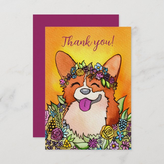 Happy Corgi With Flowers Thank You Card (Front/Back)