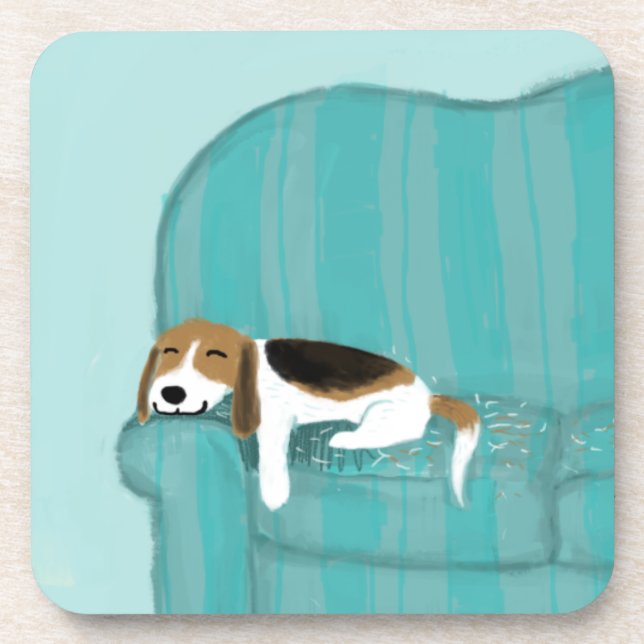 Happy Couch Dog - Cute Beagle Sleeping | Pet Art Coaster (Front)