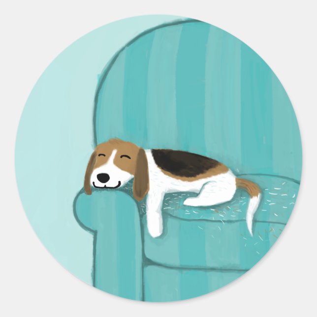 Happy Couch Dog | Cute Sleeping Beagle | Pet Lover Classic Round Sticker (Front)