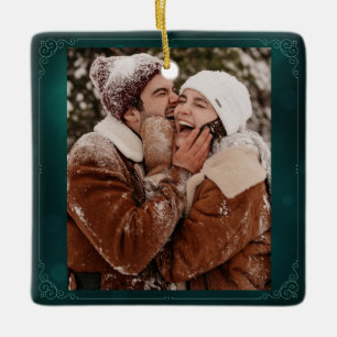 Happy Couple CUSTOM Green Christmas Ceramic Ornament
