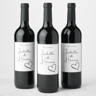Happy Couple Heart wedding Black and White Wine Label