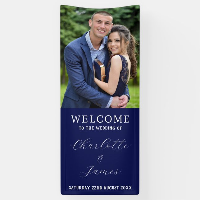 Happy Couple Photo | Blue Wedding Welcome Banner (Vertical)