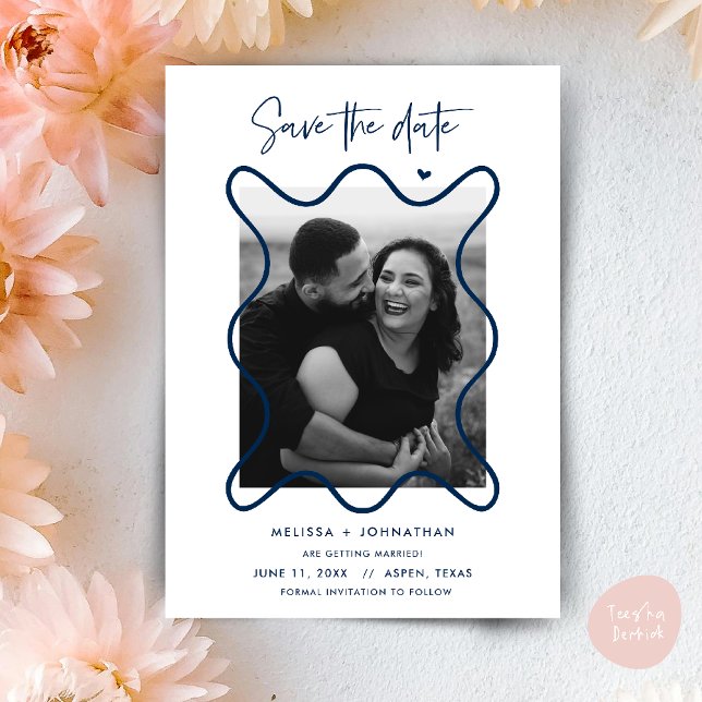 Happy Couple Save the date wedding announcement (Happy Couple Save the date wedding announcement whimsical in navy blue)