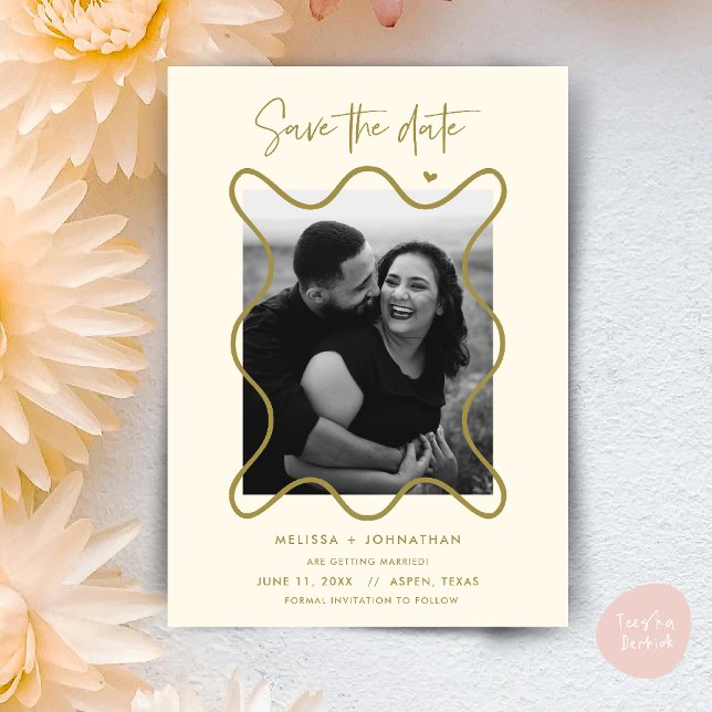 Happy Couple Save the date wedding announcement (Happy Couple Save the date wedding announcement whimsical in yellow gold)