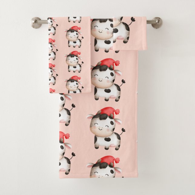 Happy Cow in a Cute Red Hat Bath Towel Set (Insitu)