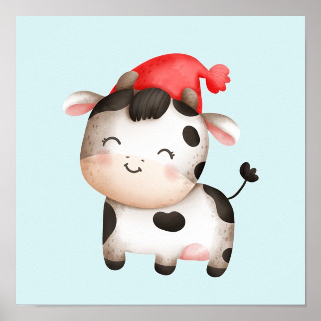 Happy Cow in a Cute Red Hat Poster (Front)
