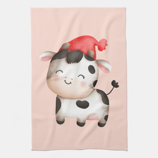 Happy Cow in a Cute Red Hat Tea Towel (Vertical)