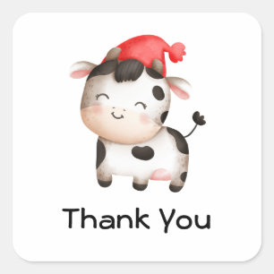Happy Cow in a Cute Red Hat Thank You Square Sticker