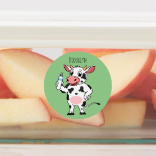 Happy cow with baby bottle cartoon