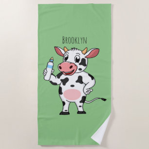 Happy cow with baby bottle cartoon beach towel