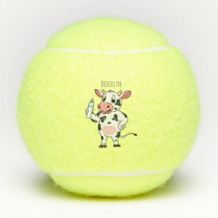 Happy cow with baby bottle cartoon tennis balls