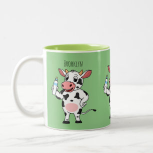 Happy cow with baby bottle cartoon Two-Tone coffee mug